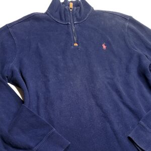 Polo Ralph Lauren Navy Blue 1/4 Zip Cotton Knit Sweater -  Mens Large